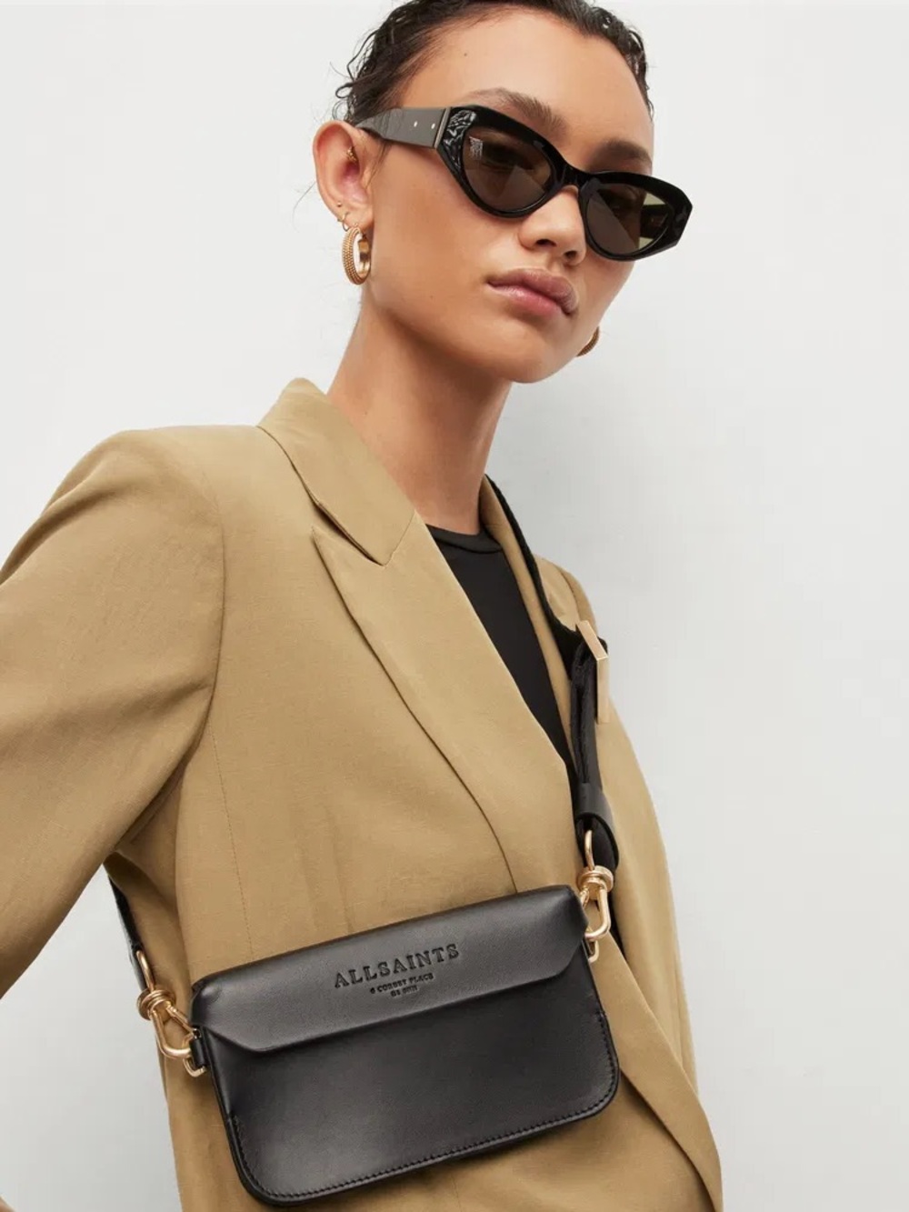 All Saints Zoe Black Leather Flap Crossbody with Gold Hardware